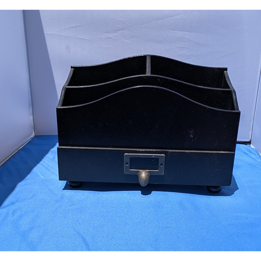 Vintage Style Black Wooden Desktop Mail Organizer Caddy with Brass Label Holder
